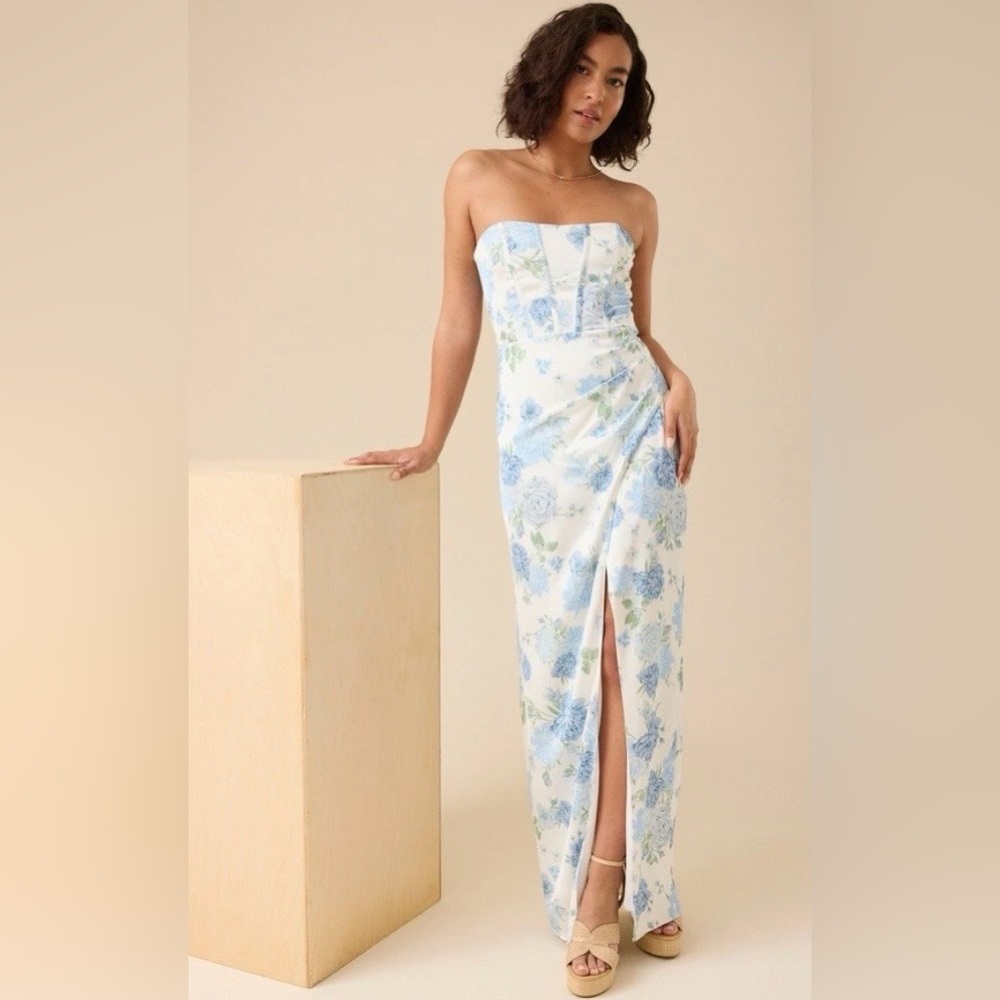 Altar'd State White Strapless Floral Maxi Dress with Blue and Green Print